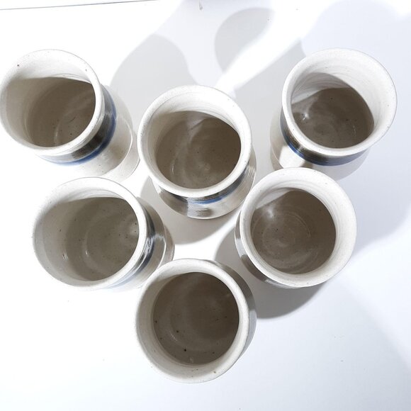 Set Of 6 Handcrafted Ceramic Goblets With Blue & Brown Stripes - Picture 3 of 4